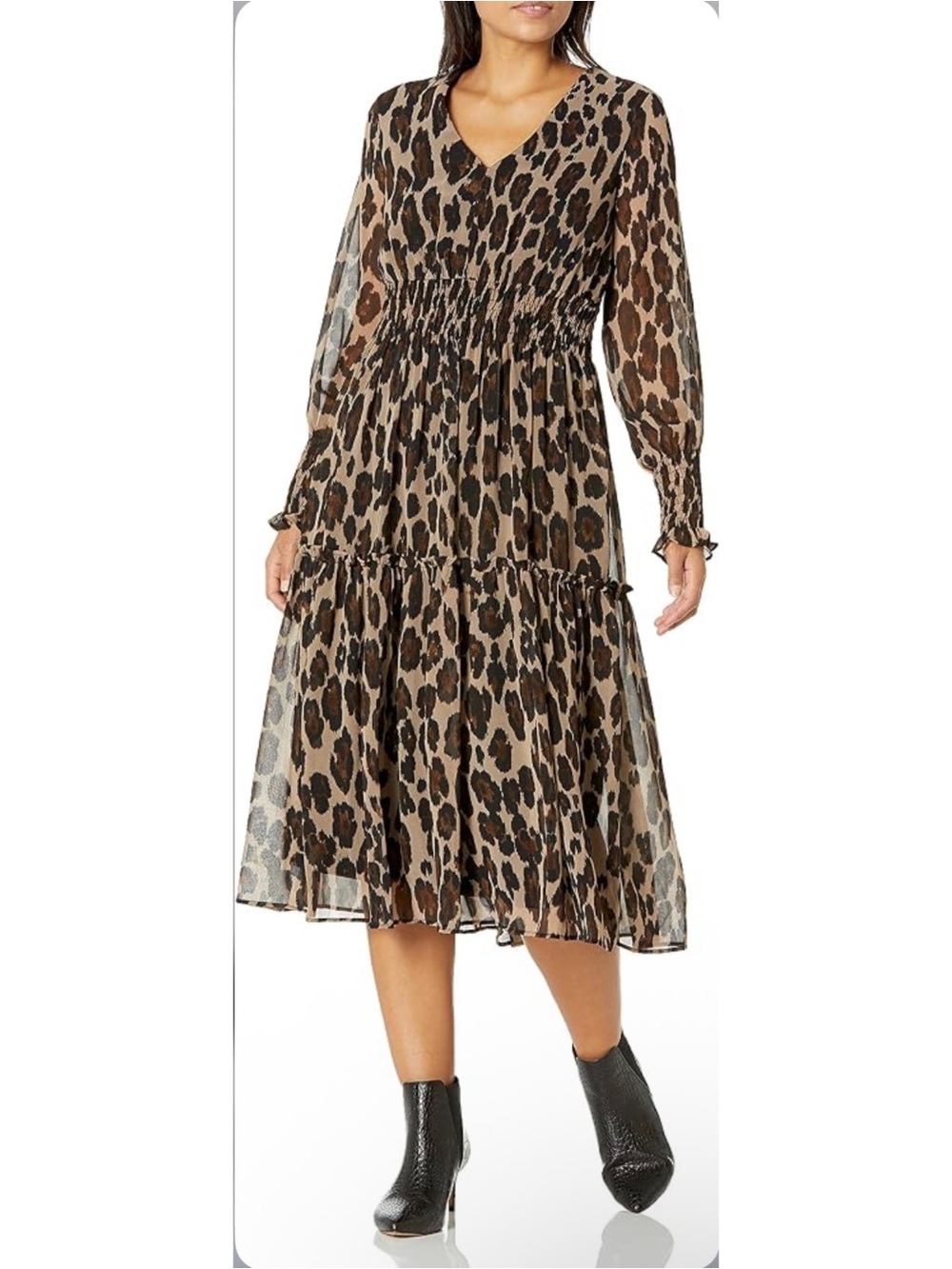 Taylor Brown Leopard Print Long Sleeve Tiered Midi Dress 8 Wedding Formal Boho